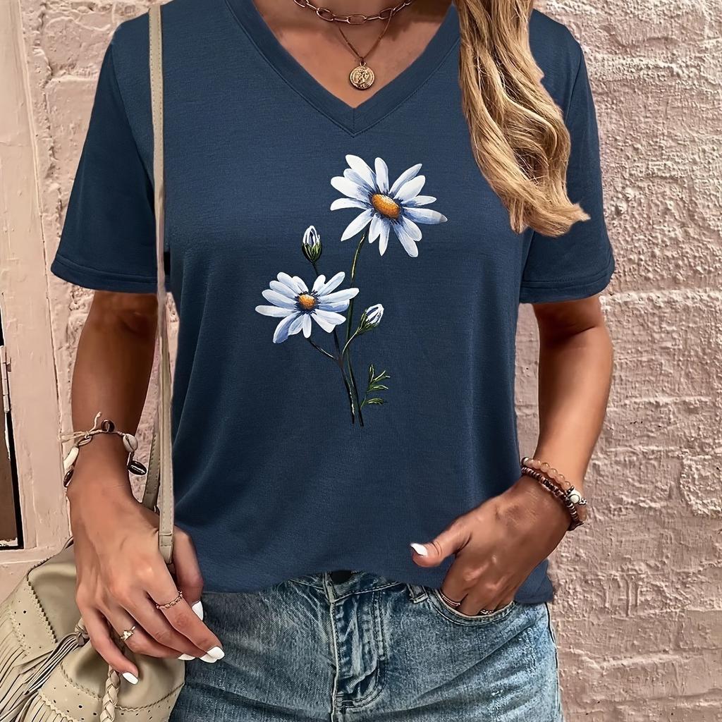 Women's Printed V-neck T-shirt, Summer Casual Urban Fashion Large-sized Women's Wear with Short Sleeves