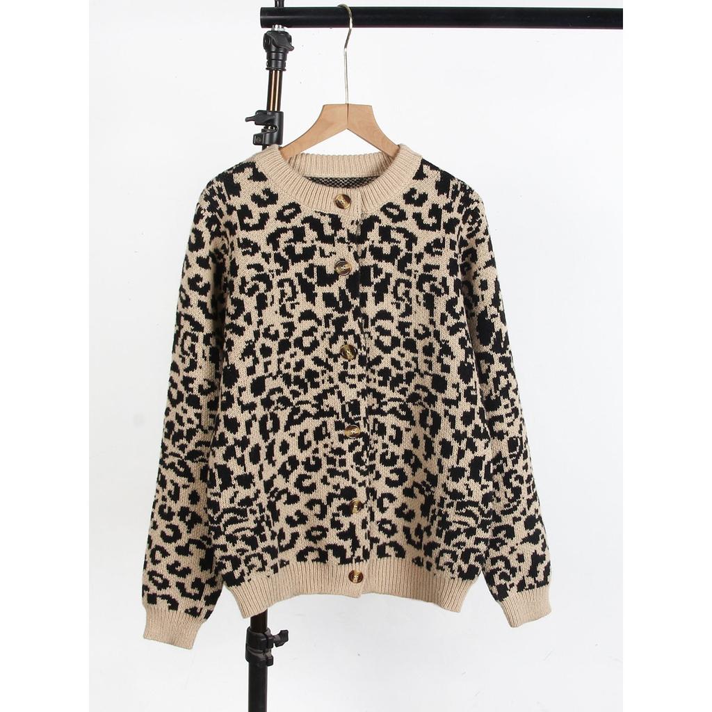 Women's Crew Neck Long Sleeve Leopard Print Knit Cardigan Loose Fit Casual Knitwear