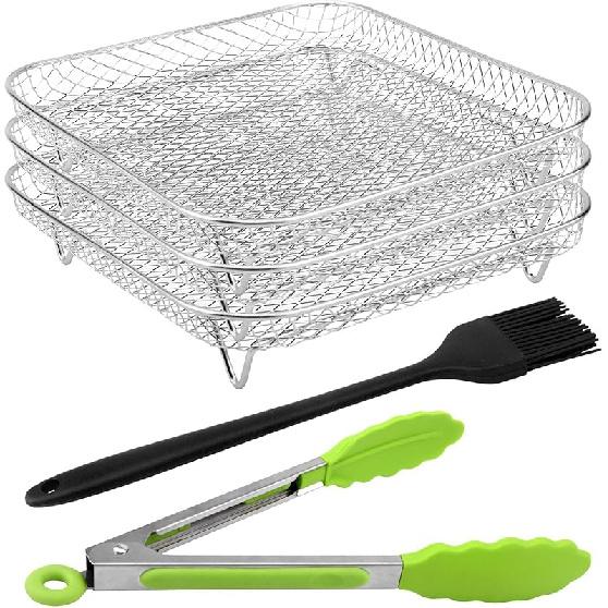 8 Air Fryer Rack for Air Fryer, Stainless Steel Three-Layer Air Flow Rack with Rus-tproof Oil Brush Food Clip,Air Fryer Accessories Fit all 5.8QT - серебряный