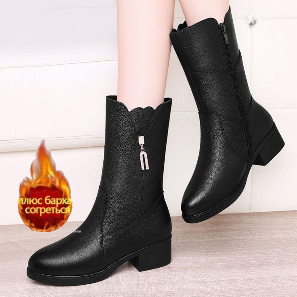 

Осенне-зимние бархатные теплые ботинки из мягкой кожи на средней трубе Хлопковые сапоги на среднем каблуке 41