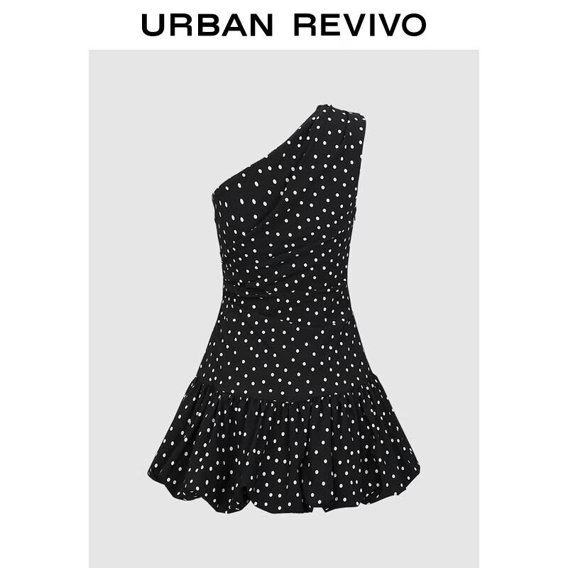 UR2026 Women s Retro Polka Dot One-Shoulder Pleated Mini Dress XL