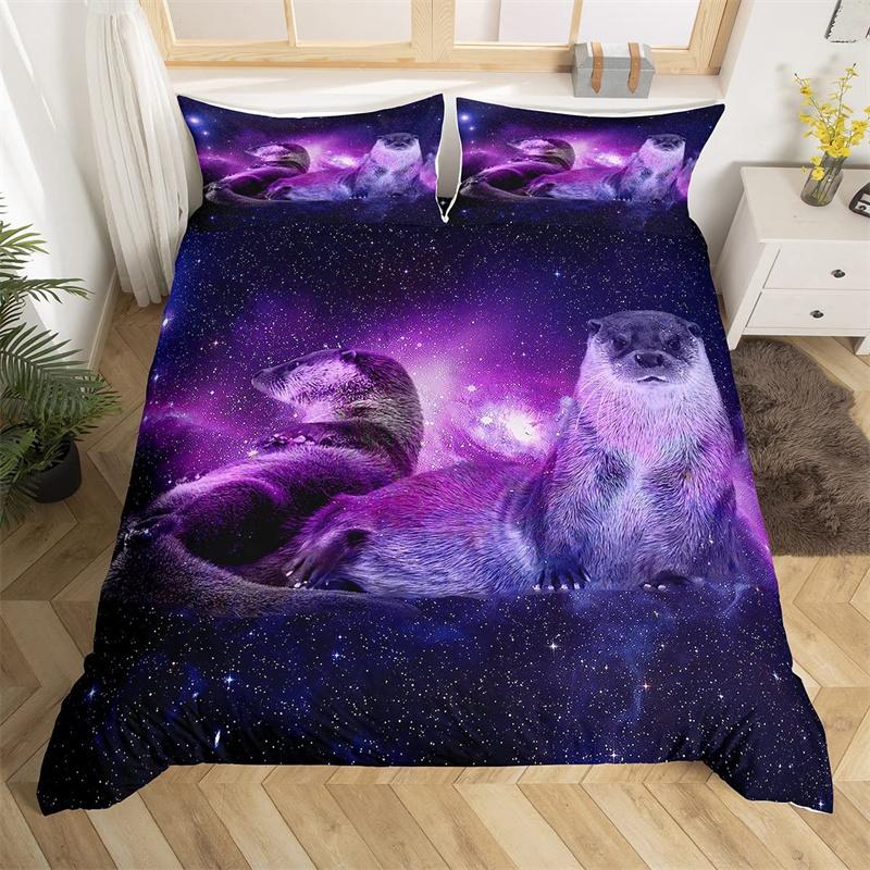 Raccoon Bedding Set Cute Cartoon Animal Duvet Cover Set Universe Galaxy Comforter Cover Polyester Red Starry Sky Bedspread Cover