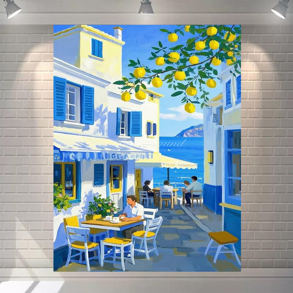 Banner Background with Lemon Tree Harvest Theme and Mediterranean Landscape Garden, Anniversary Room Decoration, Photo Backdrop