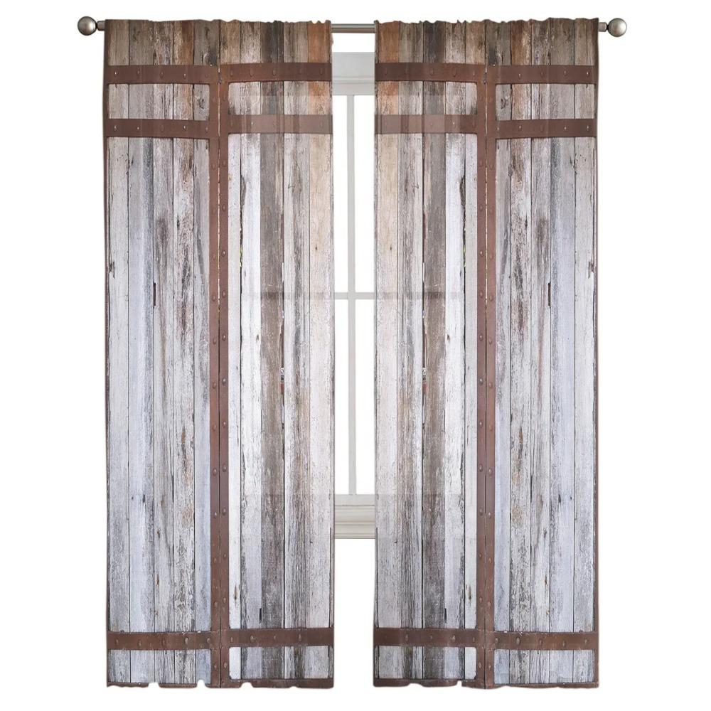 Farm Barn Wooden Door Tulle Drapes Ideal for Living Room Print Sheer Voile Curtain Bedroom Window Screening Drapes Blinds Home Decor