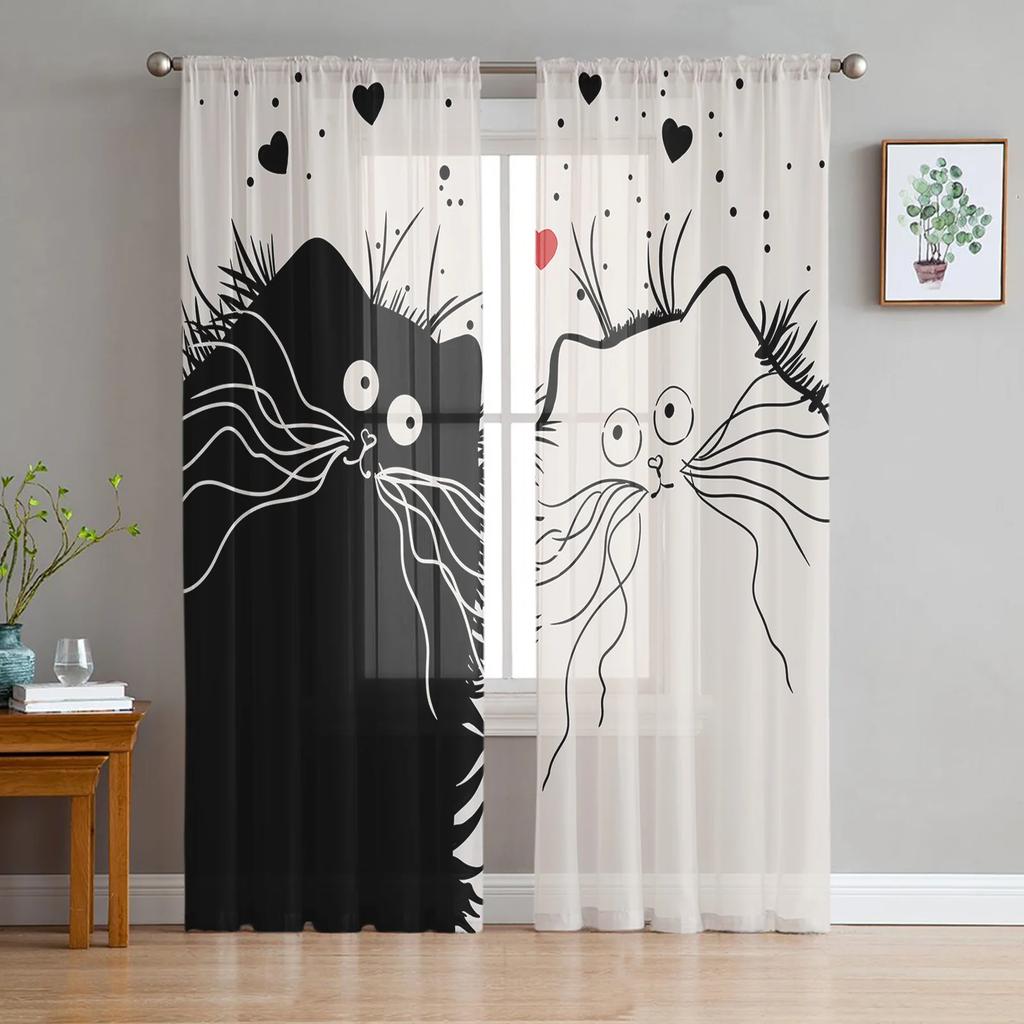 Cartoon Animal Color Cat Window Drapes Living Room Yarn Sheer Curtain Bedroom Kitchen Home Decor Drape