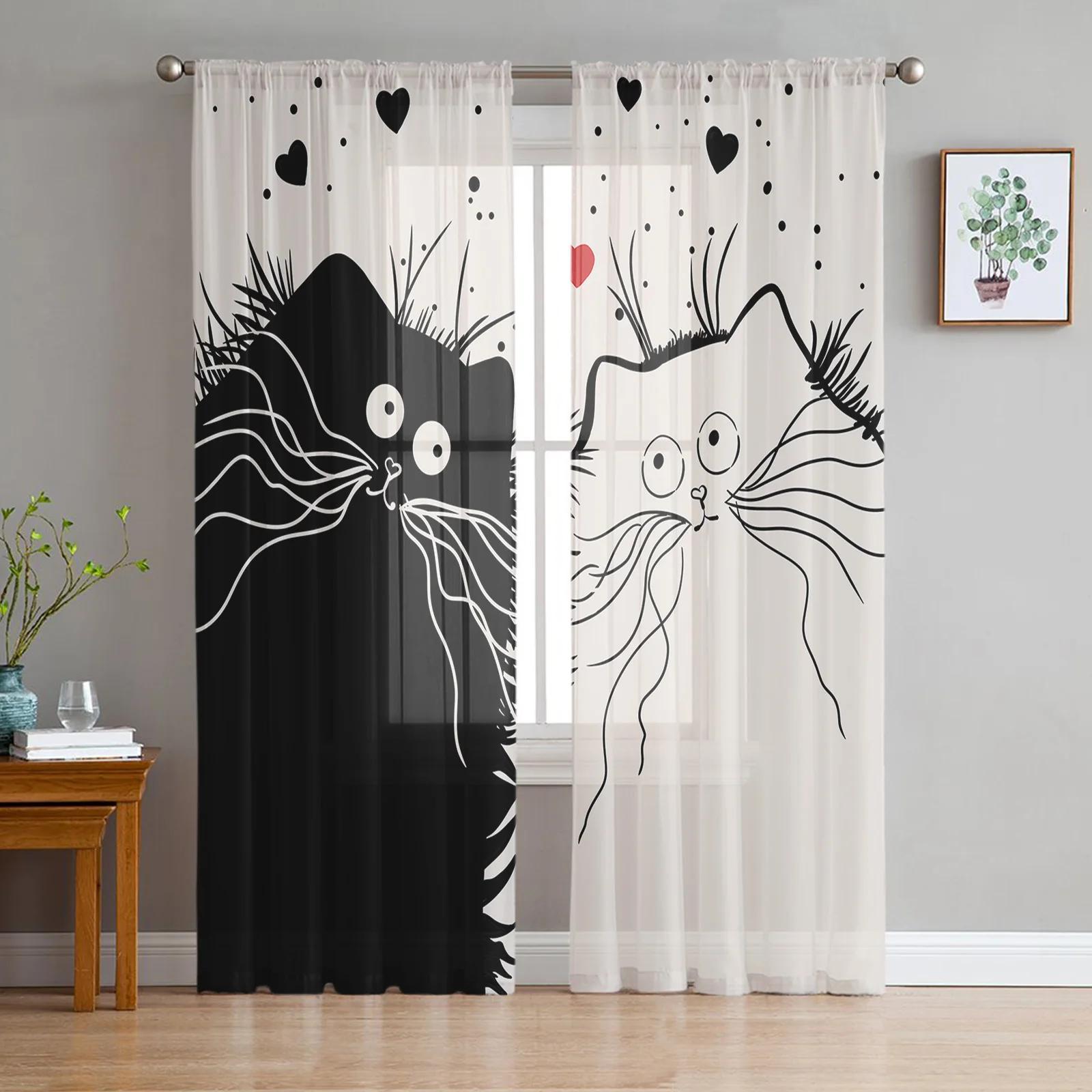 Cartoon Tier Farbe Katze Tüll Fenster Vorhänge Wohnzimmer Organza Garn Sheer Voile Vorhang Schlafzimmer Küche Home Decor Drapieren W135 x H115cm x1&Grommet Top