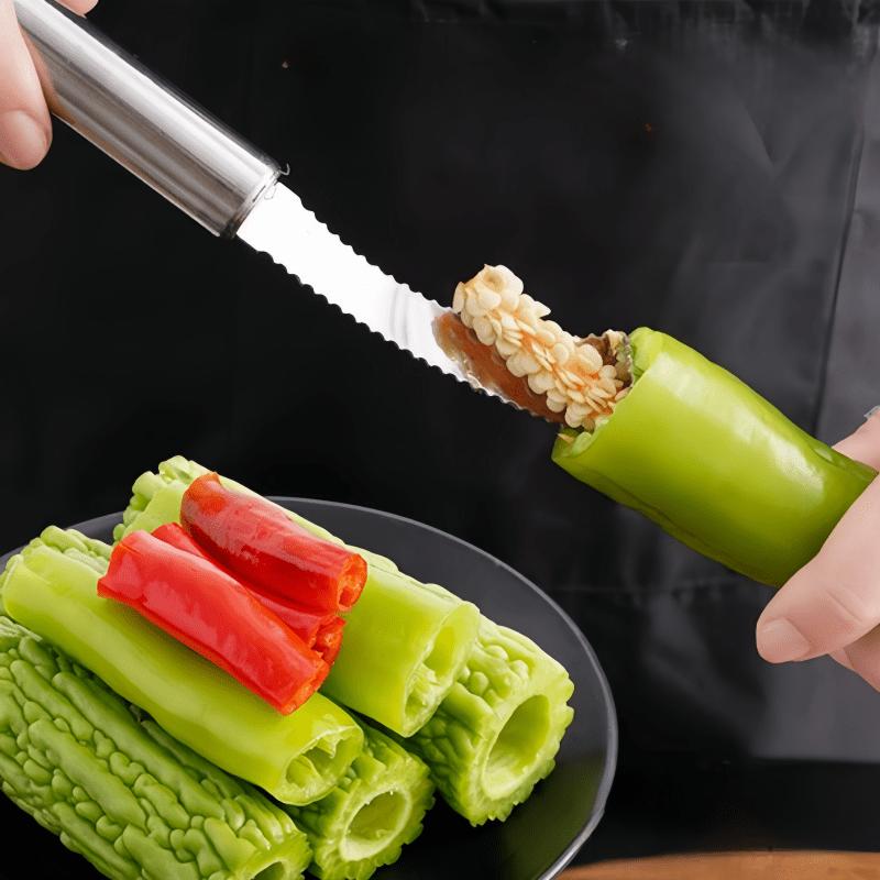 1PC Stainless Steel Pepper Coring Device, Bitter Gourd Heart Digging and Core Pulling, Green Pepper Seed Removal Artifact, Household Kitchen