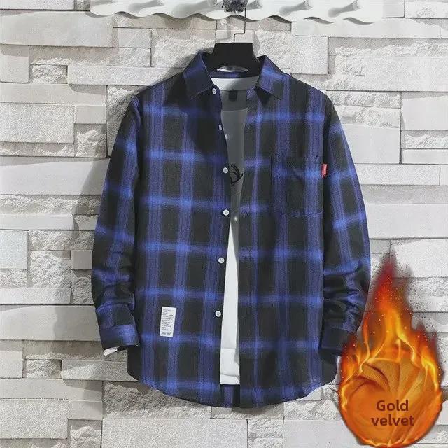 Pánská kostkovaná košile s dlouhým rukávem a hřejivým plusovým sametem - Podzim/Zima Korejský styl