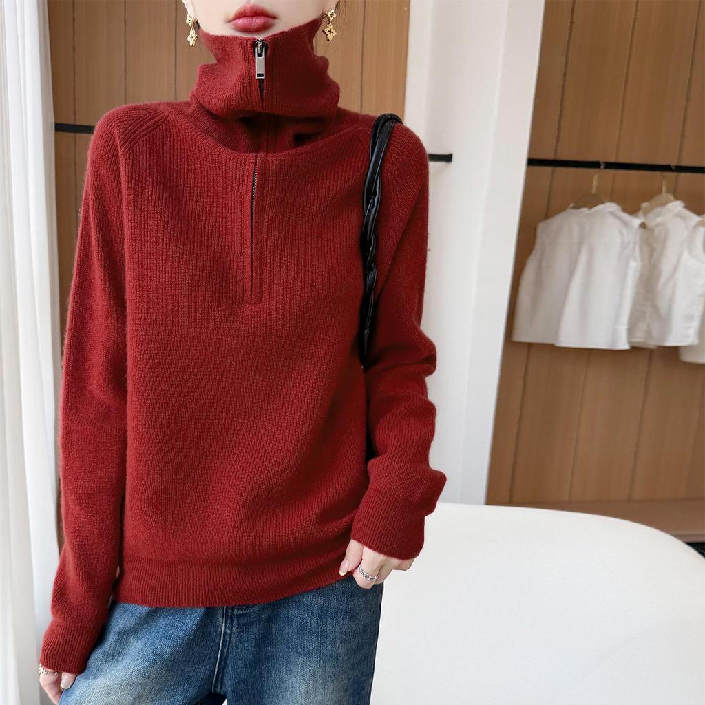 2026 Women's Autumn/Winter Pure Wool Lapel Half-Zip Knitwear Long Sleeve Pullover Sweater