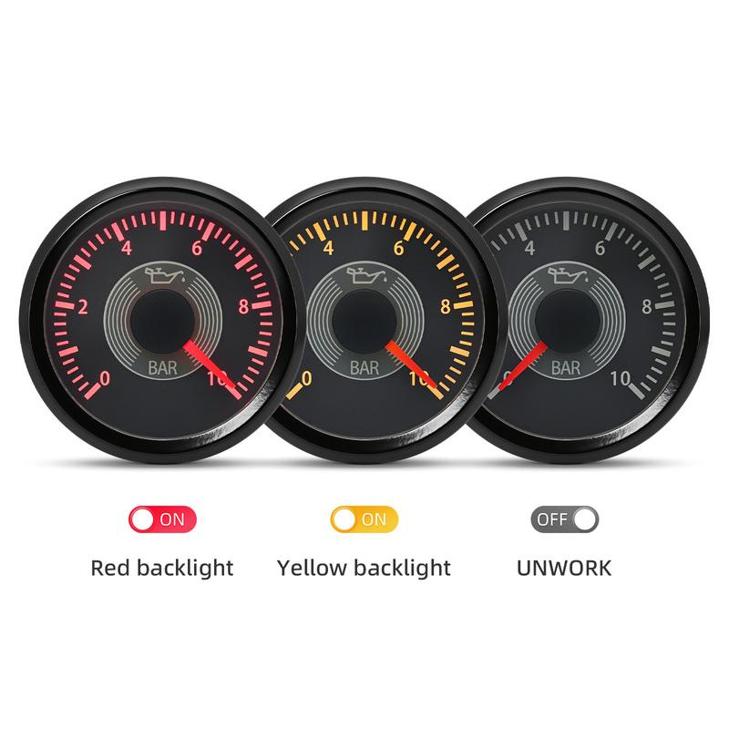Retro Vintage Classic 0-10 Bar Oil Pressure Gauge Yellow Red LED 2" 52mm Oil Pressure Meter with Sensor 1/8NPT for Car Boat