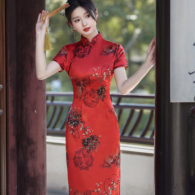 1011 New Chinese style national style spring and summer new cheongsam dress temperament satin dress cheap performance clothes