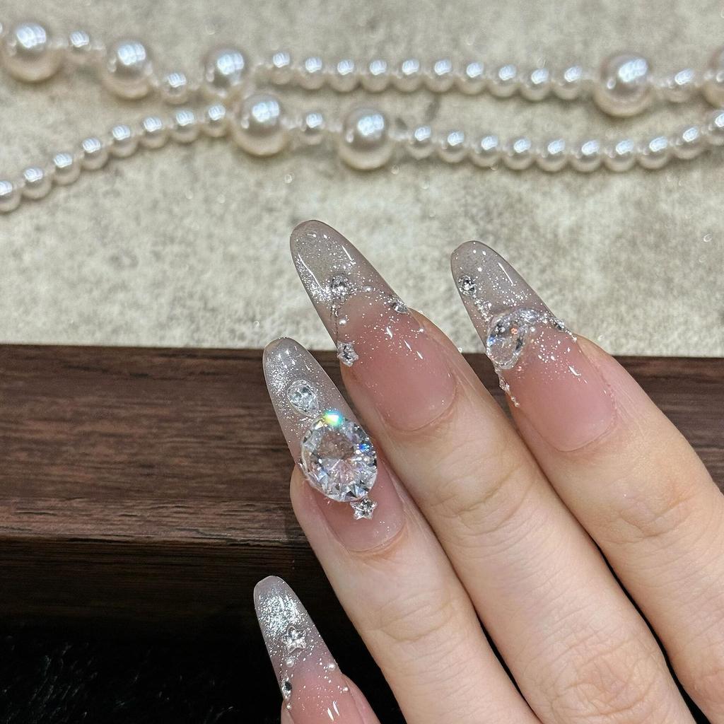 Zircon ins wind cat's eye pure handmade wearing nail nude white pure desire advanced long nail art patch fake nail