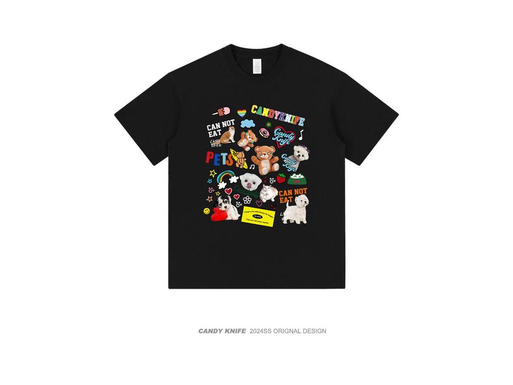 Ulzzang Cartoon Print Drop Shoulder Short Sleeve T-Shirt for Men & Women - Loose Fit