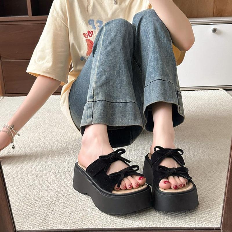 Mode Ein-Wort Schleifen-Slipper Damen Sommer Neu Mode Runde Zehenpartie Erhöhte Plateausohle Rutschfest Lässige Strandsandalen