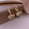 Gold Zircon Bowknot Stud Earrings With Red Pearl Flower Festive Christmas Jewelry Gift For Women