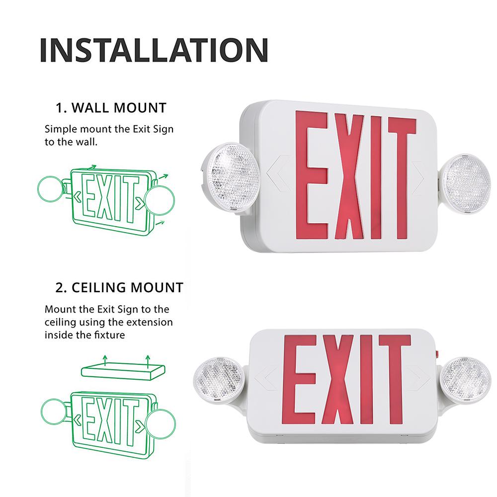 AC120/277V Red Exit Sign LEDs Combo Emergency Light with Adjustable Two Head Backup Batterys Wall