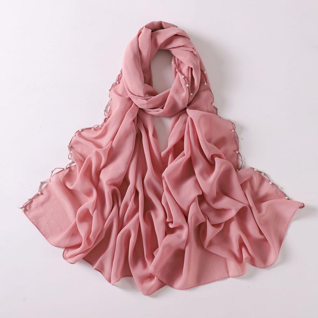 New Pearl Chiffon Hijab Scarf Copper Chain With Black Crystal Pearls Women Muslim Fashion Hijabs For Women Ramadan Turban Femme