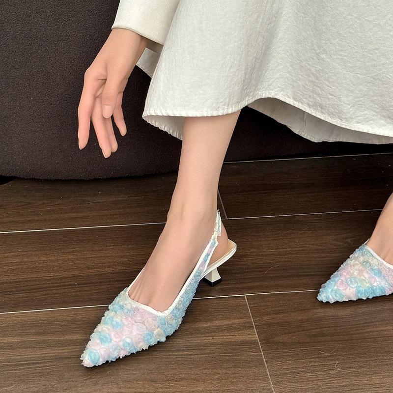 2025 New Summer Mesh Lace Transparent Baotou Half Slippers Women's Outer Wear Pointed Thin Medium Heel Shallow Sandals