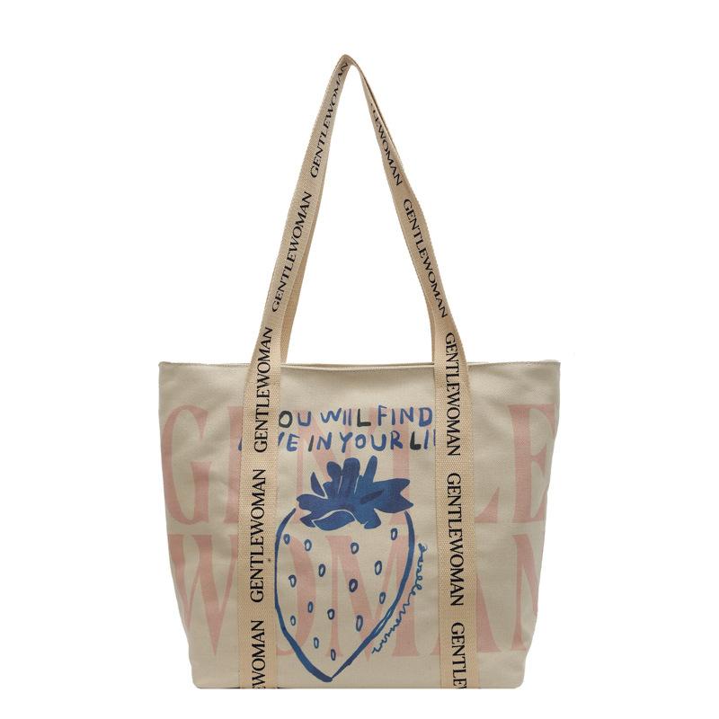 Cute strawberry printed tote bag college student class commute shoulder bag simple casual shopping bag