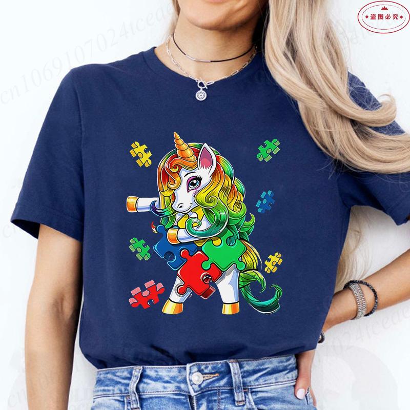 Autism Awareness TShirt for Unisex Clothing Summer O Neck Short Sleeve Tees Shirt Awareness Month Unicorn Graphic Y2k Tops