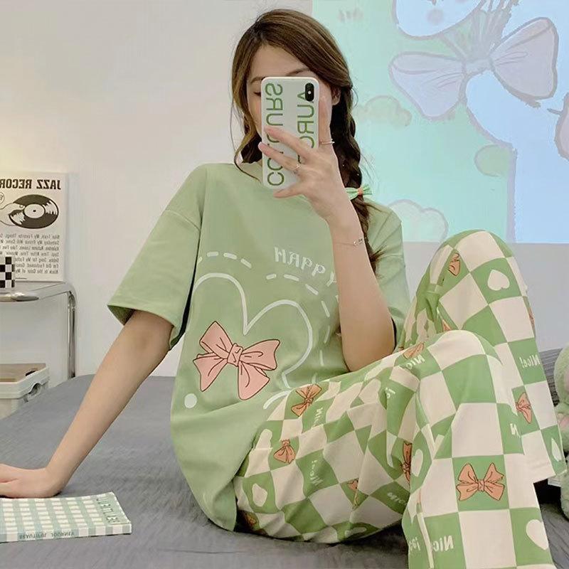Summer Cool Soft Cute Cartoon Crayon Small New Pajamas Women's Round Neck Short-sleeved Trousers Set Skin-friendly Outer Loungewear