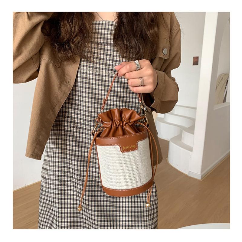 Vintage Color Block Bucket Bag Trendy Shoulder Purse Fashion Round Cylinder Crossbody Handbag for Women CLE