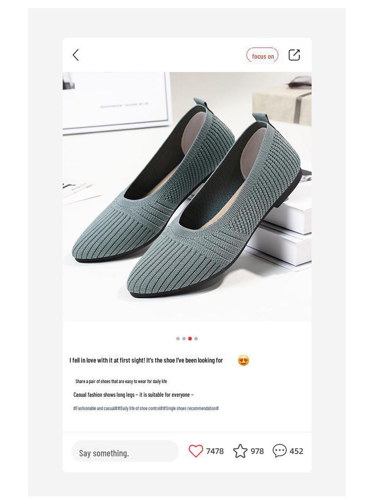 Pantofi de primăvară tricotat plat cu vârf ascuțit pentru femei - La modă, Respirabili