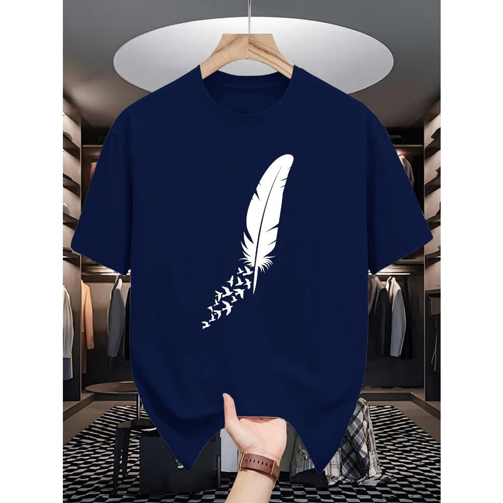 Herren Sommer Baumwolle Mode Feder Muster Gedruckt Lässig Locker Sport Rundhals Kurzarm T-Shirt Top