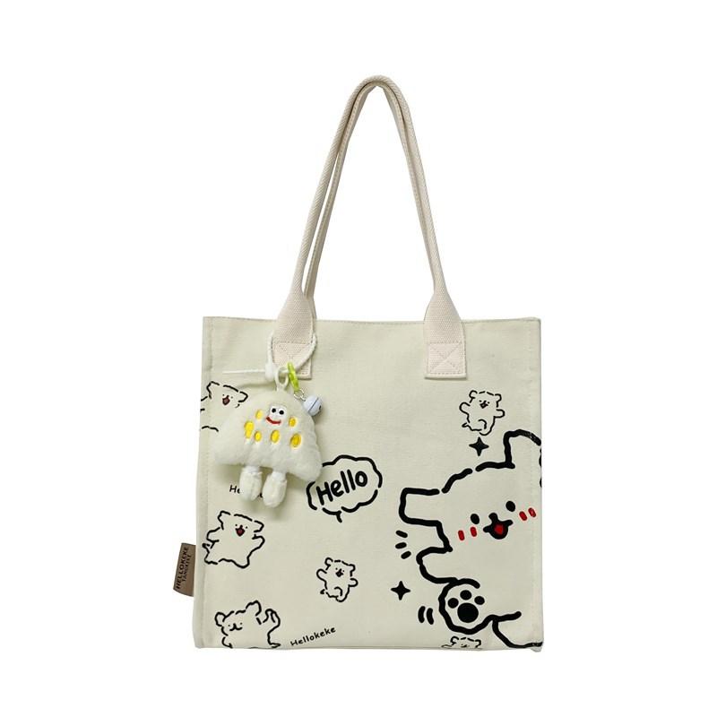 Einseitige Canvas-Tasche, Damen-Nachhilfetasche, strukturierte großvolumige süße Cartoon-Tragetasche für Mittel- und Oberstufe