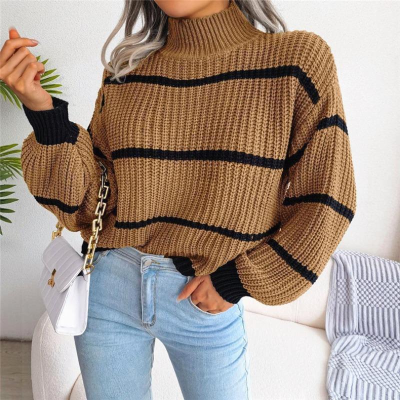 Winter Half High Collar Striped Patchwork Sweater Ladies Loose Casual Simple All-match Pullover Women Knitting Top