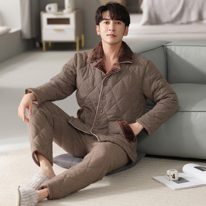 Pajamas Men'S Winter Three-Layer Thickened And Velvet Woven Pure Cotton Padded Autumn And Winter Mid-Dad Warm Loungewear