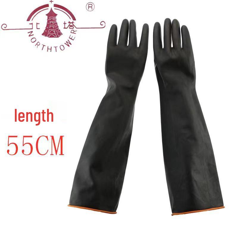 Black Extra Long, Extra Thick Acid & Alkali Resistant Industrial Rubber Gloves - Waterproof & Anti-fouling for Chemical Protection