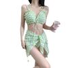 2024 Japanese & Korean Style Plaid Bikini Set - Three-Piece Conservative Swimsuit for Women