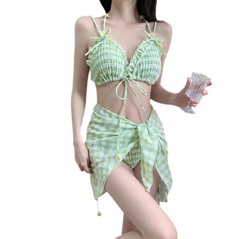 2024 Japanese & Korean Style Plaid Bikini Set - Three-Piece Conservative Swimsuit for Women