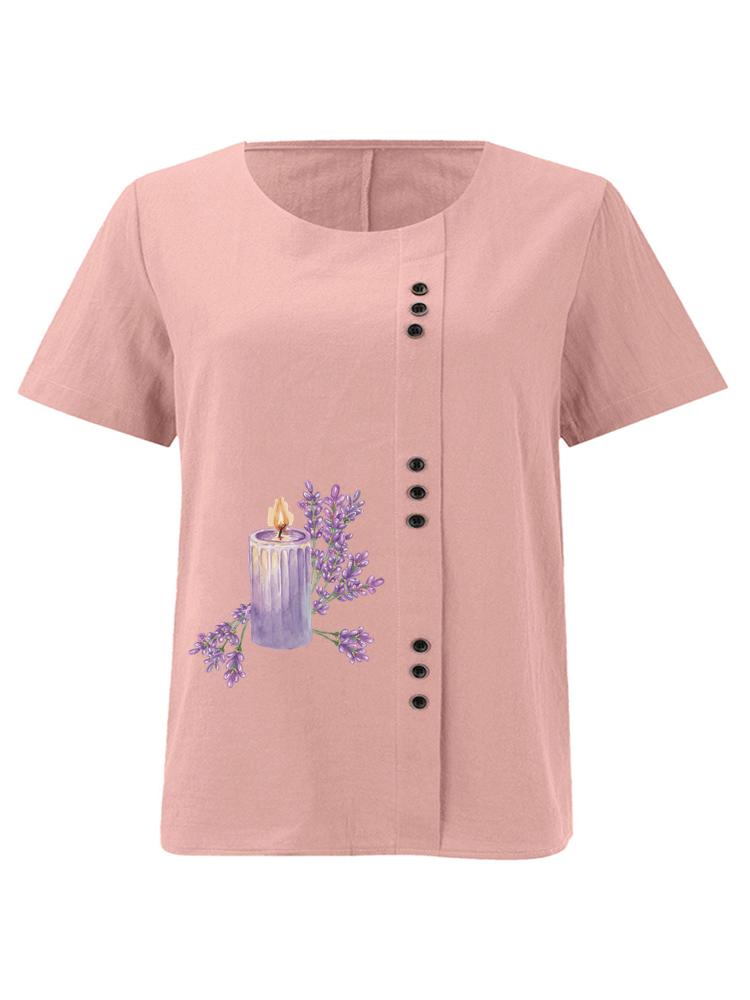 

Women s Fashion Purple Flower Candle Print Shot Sleeve T-shirt Loose Cotton Shirt Casual Loose Summer Plus Size Blouse Tops S розовый