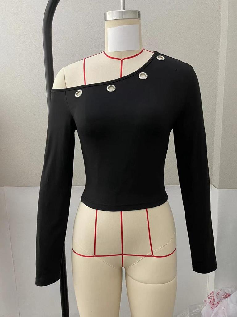 Women's Off-Shoulder Slanted Neck Crop Top - Slim Fit, Long Sleeve