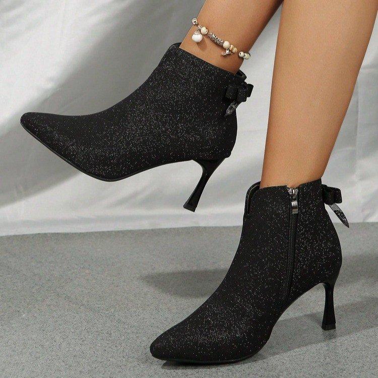 Fashion Plus Size Women's Short Boots 2025 Autumn and Winter Bow Sequined High-heeled Cotton Booties Pointed Stiletto Fashion Boots.