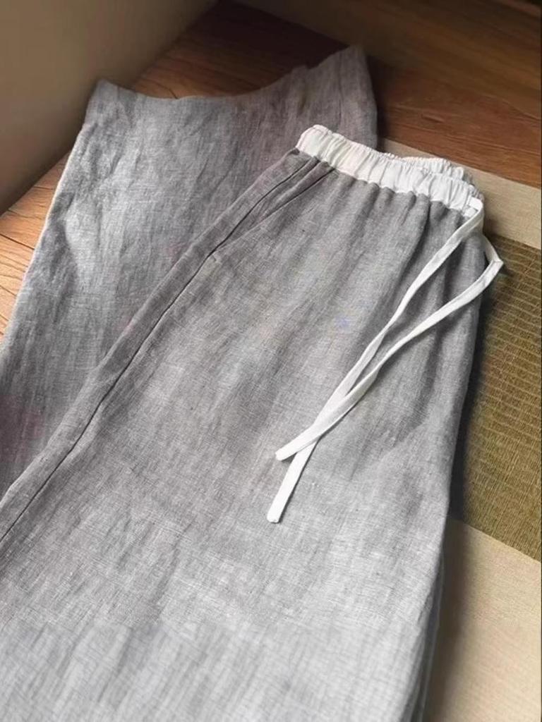 CHAO-Level Grey Patchwork Linen Wide-Leg Pants with Elastic Waistband and Drawstring