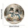 Bonhomme de neige Noël Art Mural Métallique 8x8 Pouces Aluminium Décoration de Fête Scène d'Hiver Roses Rouges Plaque Métallique Ronde Intérieur Extérieur Maison Jardin Décoration Facile à Accrocher