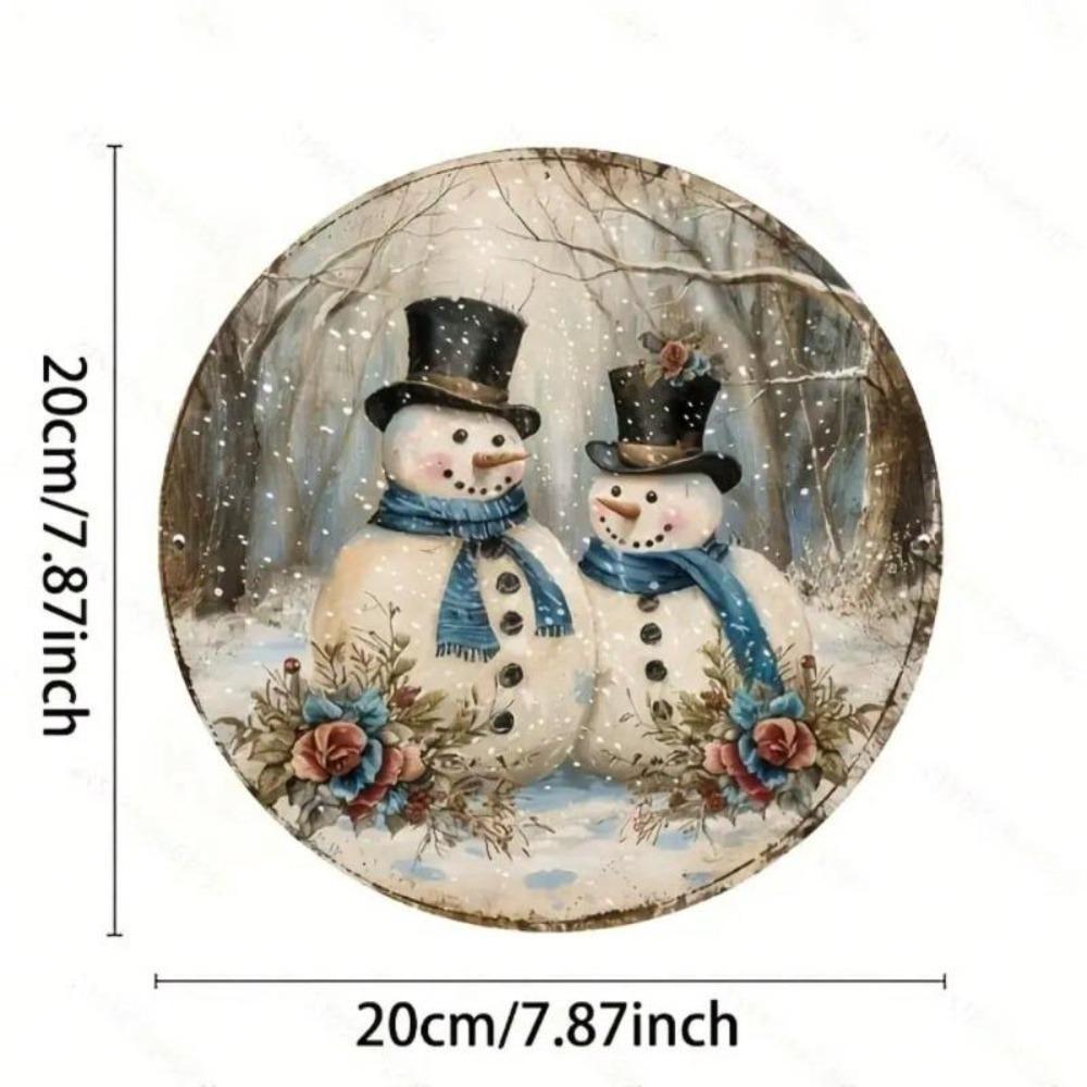 Bonhomme de neige Noël Art Mural Métallique 8x8 Pouces Aluminium Décoration de Fête Scène d'Hiver Roses Rouges Plaque Métallique Ronde Intérieur Extérieur Maison Jardin Décoration Facile à Accrocher