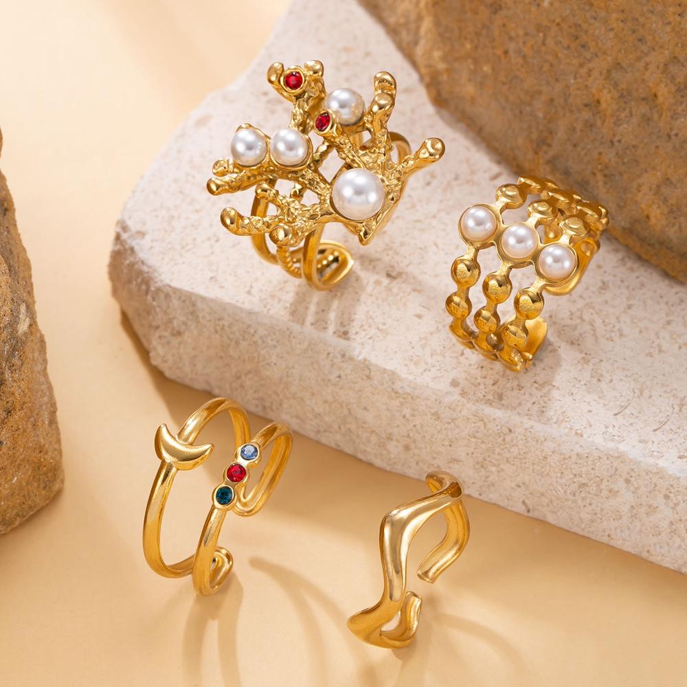 

Новые украшения из титановой стали, кольца для ношения вместе с коралловой инкрустацией и цветными бриллиантами, легкая роскошь, винтаж, набор колец из нержавеющей стали, оптом Average Size