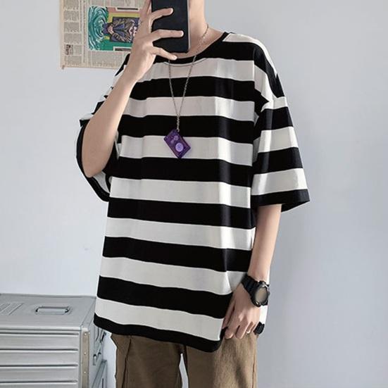 Men Summer T-shirt Striped Color Matching Half Sleeves Round Neck Loose Japanese Style Casual Daily Wear Teenager Streetwear Spring Top
