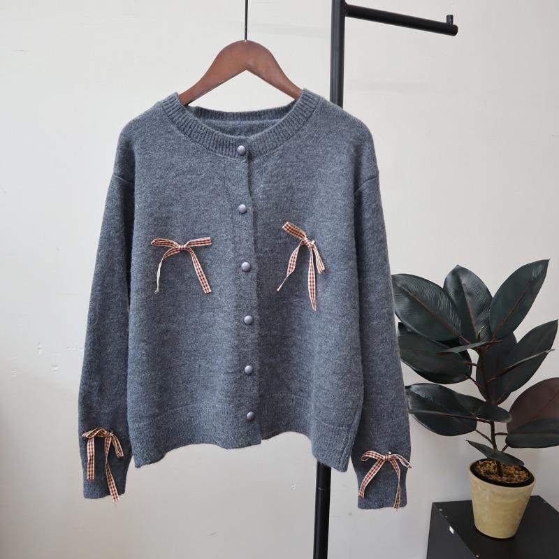 

Осень и зима новый трехмерный бант дизайн чувство сладкий свитер куртка мягкий восковой вязаный кардиган женский one size fits all серый