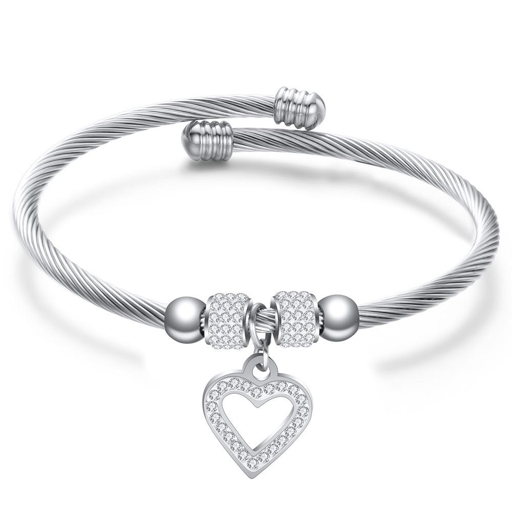 Heart-Shaped Rhinestone Stainless Steel Adjustable Bangle