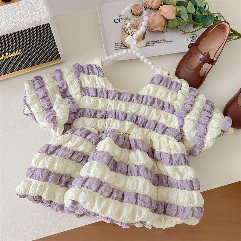 

Sweet And Stylish Girls Two-piece Cotton Outfit Featuring Short Sleeve Top And Cream Pants With Charming Polka Dot Design Purple Top,80cm/31.50in