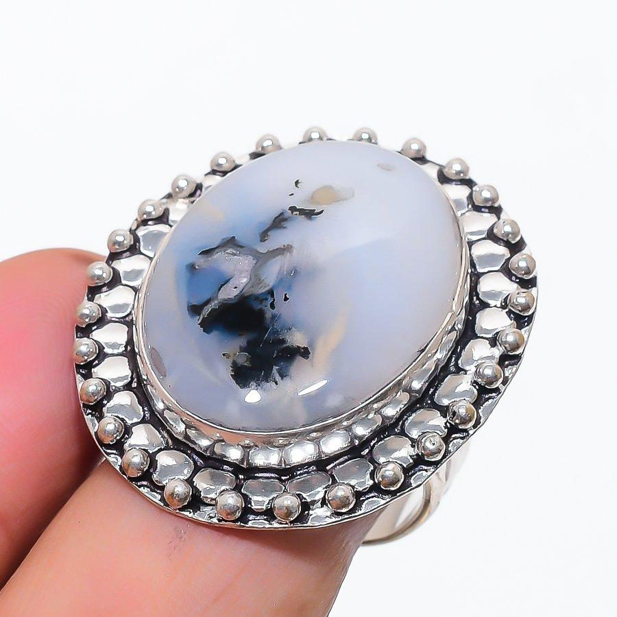 Natural Dendrite Opal Gemstone 925 Sterling Silver Jewelry Ring Size 9 w0L80