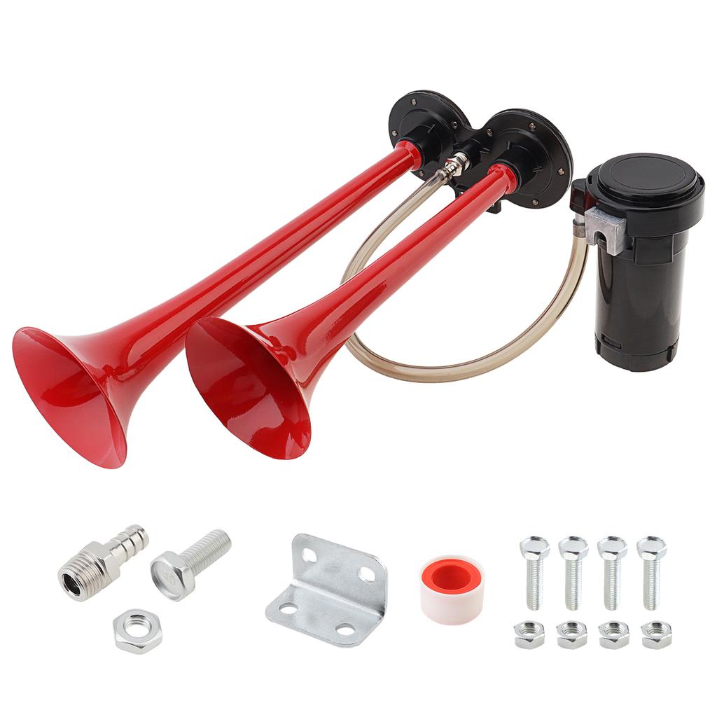 12V 150dB Super Loud Dual Trumpet Air Horn with Compressor - Red Musical Sound for Trucks, Lorry, Trains, Boats, Cars, Van & Ship