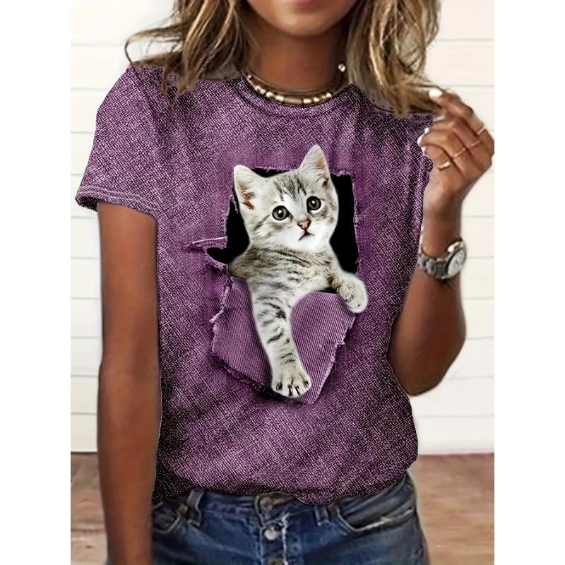 Summer Round Neck Cute Animal Pattern 3D Print Top Fashionable Casual Short Sleeved Women's T-shirts