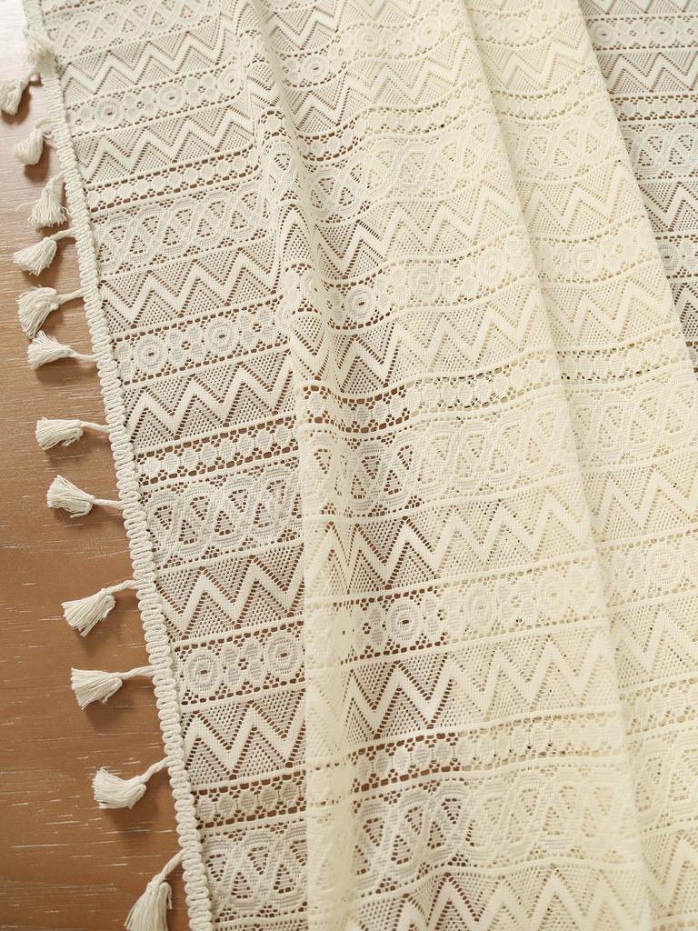 Beige Wave Triangular Lace With Tassel Tablecloth, Dining Table Fabric Decoration