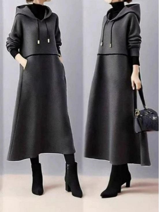 Cross-border E-commerce Long Sleeve Color Block Hoodie Dress with Pockets, Hooded, Loose Fit for Spring and Autumn. S темно-серого